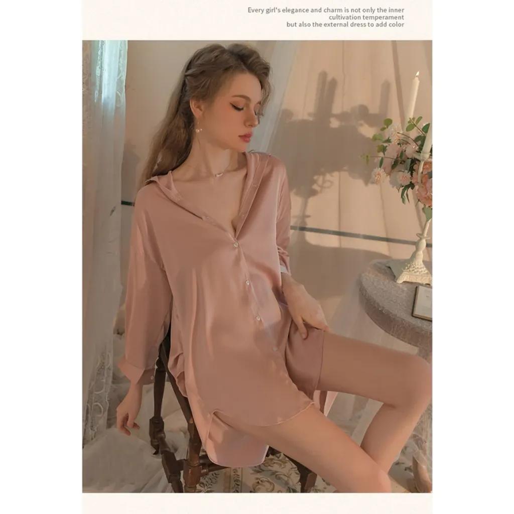 Áo sơ mi ngủ lụa cao cấp dáng dài siêu xinh mềm mại áo choàng nữ mặc nhà form rộng sexy quyến rũ N199