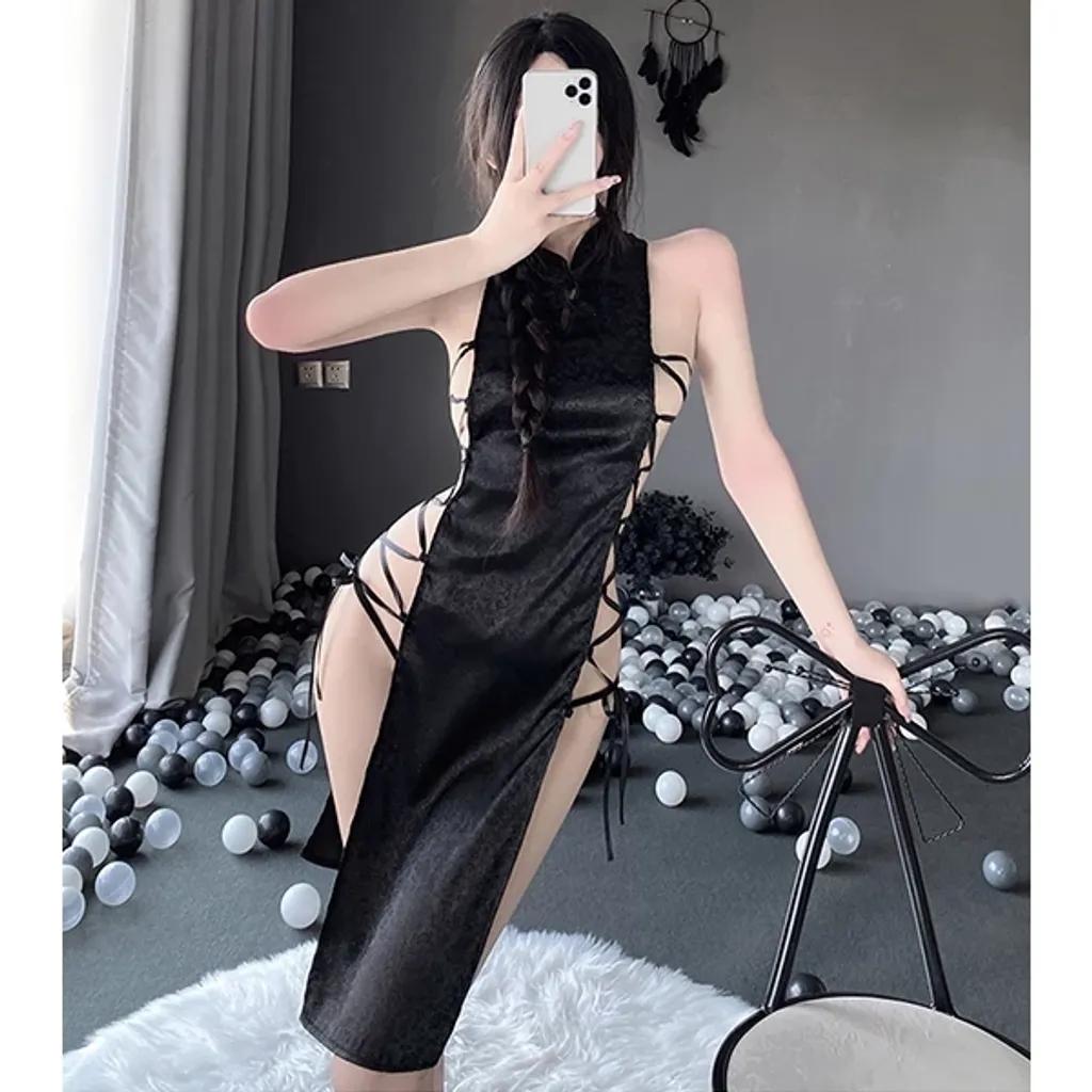 Sườn xám gợi cảm đan dây hông anime sexy quyến rũ cosplay cổ trang Trung Hoa gấm đen trắng mềm mịn  N781