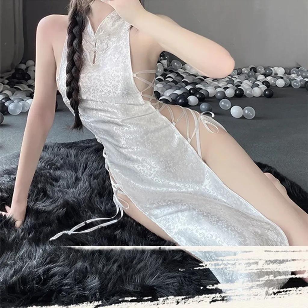 Sườn xám gợi cảm đan dây hông anime sexy quyến rũ cosplay cổ trang Trung Hoa gấm đen trắng mềm mịn  N781