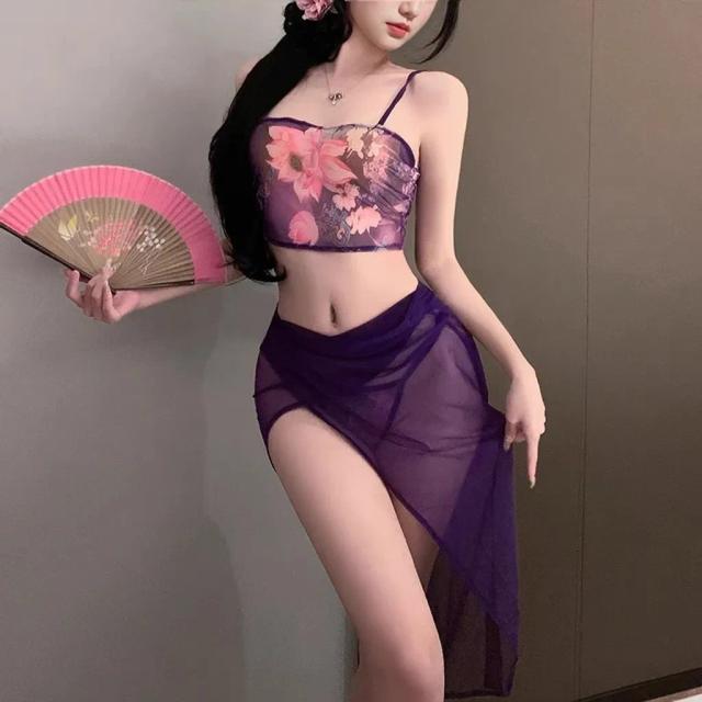 Cosplay cổ trang ren xuyên thấu in hoa phong cách cổ điển gợi cảm set ngủ hanfu xẻ tà cao sexy quyến rũ N883