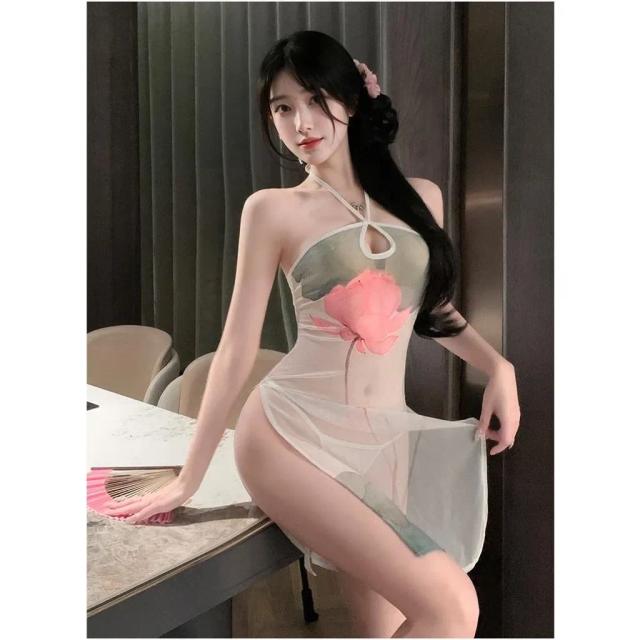 Cosplay cổ trang ren xuyên thấu in hoa phong cách cổ điển gợi cảm set ngủ hanfu xẻ tà cao sexy quyến rũ N883