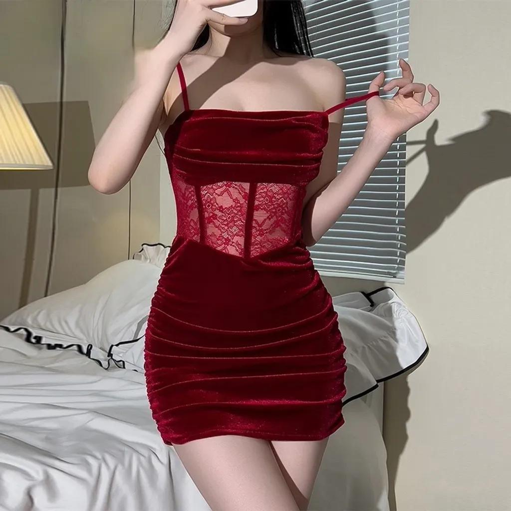 Váy body sexy nhung phối ren có đệm ngực xinh quyến rũ đầm 2 dây đi tiệc bar pub club sang chảnh gợi cảm N197