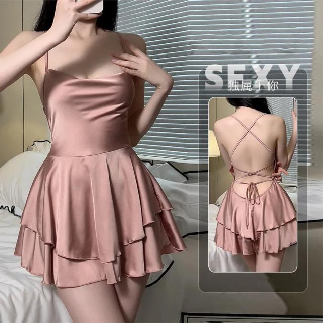 Váy ngủ lụa sexy 2 tầng phong cách tiểu thư sang chảnh đầm mặc nhà đan dây lưng gợi cảm quyến rũ  N194