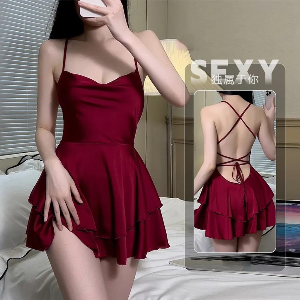 Váy ngủ lụa sexy 2 tầng phong cách tiểu thư sang chảnh đầm mặc nhà đan dây lưng gợi cảm quyến rũ  N194