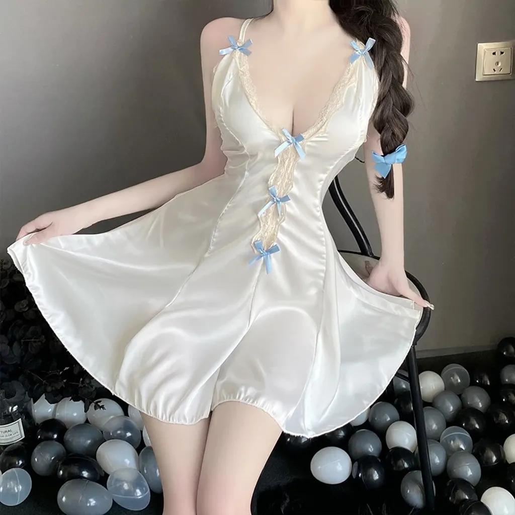Váy ngủ lụa dáng xòe phối nơ xanh siêu xinh gợi cảm đầm 2 dây mặc nhà xẻ ngực quyến rũ cao cấp N208