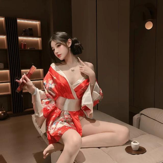 Đồ ngủ kimono Nhât Bản xẻ ngực gợi cảm tinh tế cosplay sexy áo choàng ngủ hoa anh đào quyến rũ ngọt ngào N844
