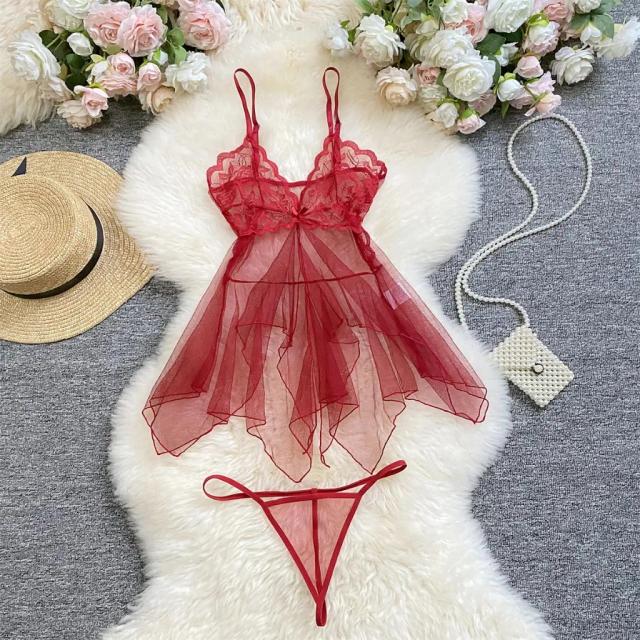 Bộ đồ váy ngủ nữ sexy ren đuôi cá xuyên thấu gợi cảm đầm 2 dây kèm quần lót lọt khe siêu quyến rũ N118