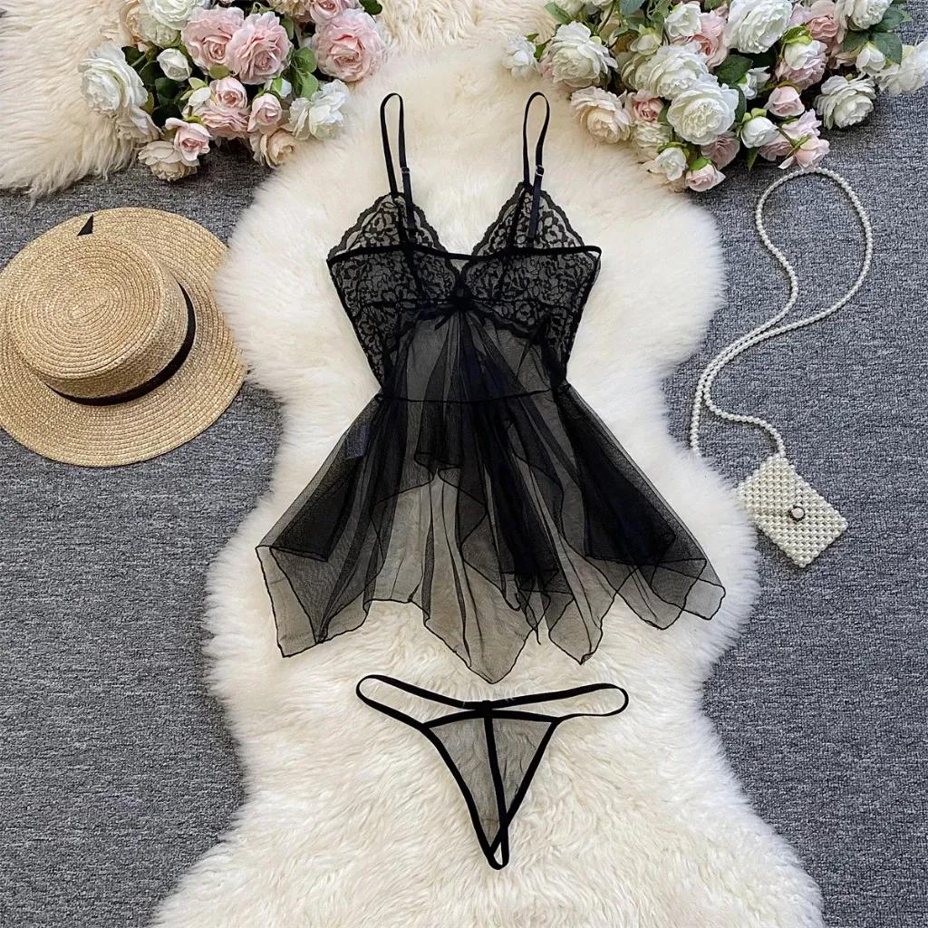 Bộ đồ váy ngủ nữ sexy ren đuôi cá xuyên thấu gợi cảm đầm 2 dây kèm quần lót lọt khe siêu quyến rũ N118