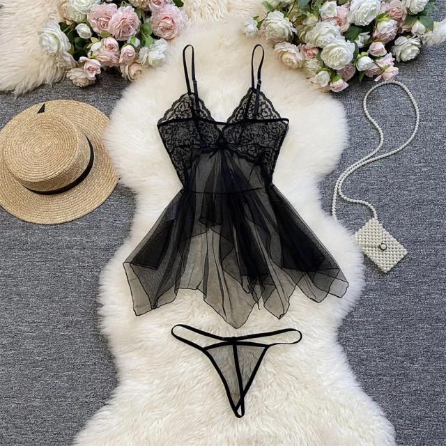 Bộ đồ váy ngủ nữ sexy ren đuôi cá xuyên thấu gợi cảm đầm 2 dây kèm quần lót lọt khe siêu quyến rũ N118