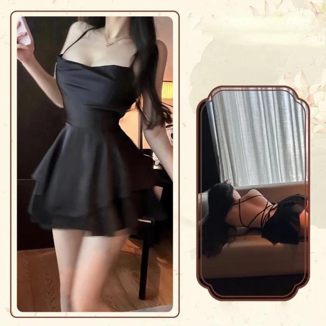 Váy ngủ lụa sexy 2 tầng phong cách tiểu thư sang chảnh đầm mặc nhà đan dây lưng gợi cảm quyến rũ  N194
