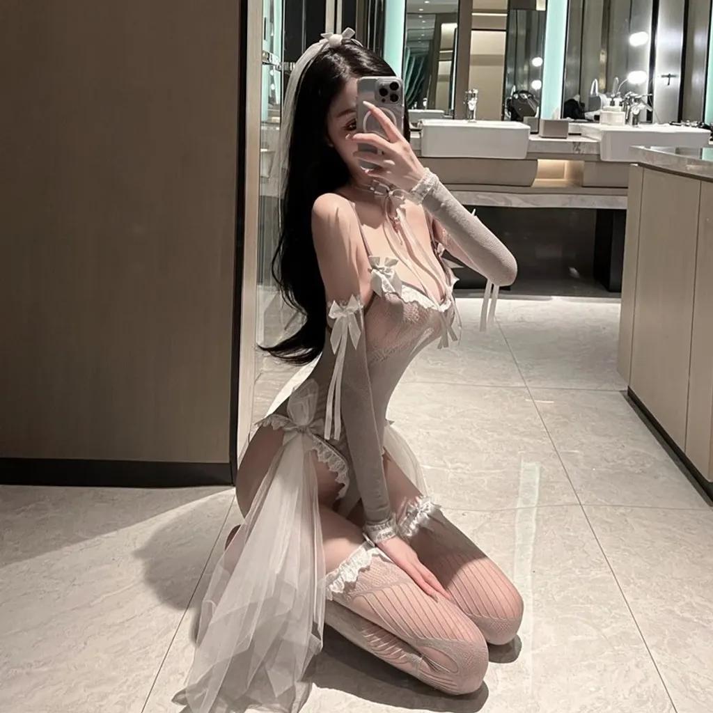 Cosplay cô dâu anime 1 mảnh kèm voan trùm đầu gợi cảm đồ ngủ liền thân tiểu thư bonita quyến rũ N747