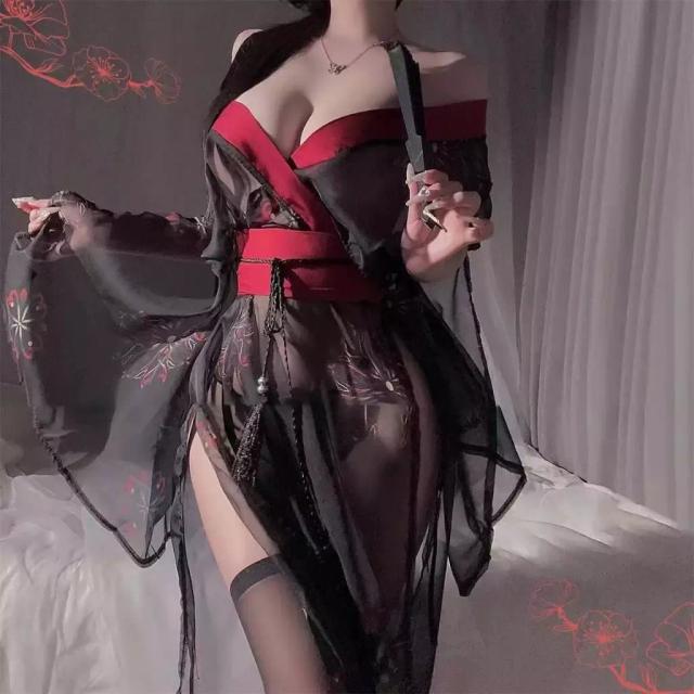 Đồ cosplay kimono Nhật Bản xuyên thấu xẻ tà sexy gợi cảm set cổ trang hanfu đen xẻ V1 quyến rũ tinh tế N343