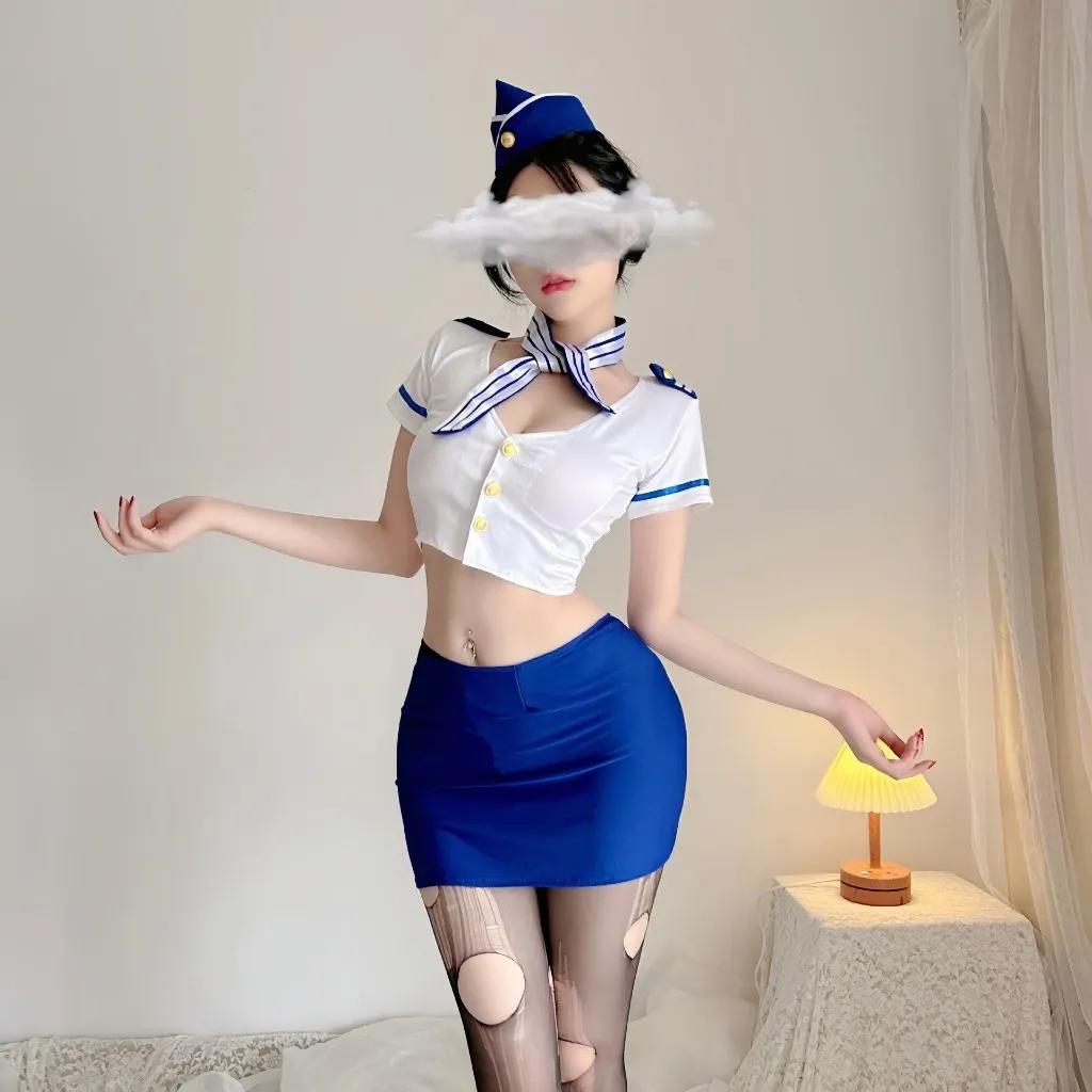 Cosplay thủy thủ ôm body sexy gợi cảm áo croptop váy ngủ ôm cosplay tiếp viên hàng không quyến rũ N721