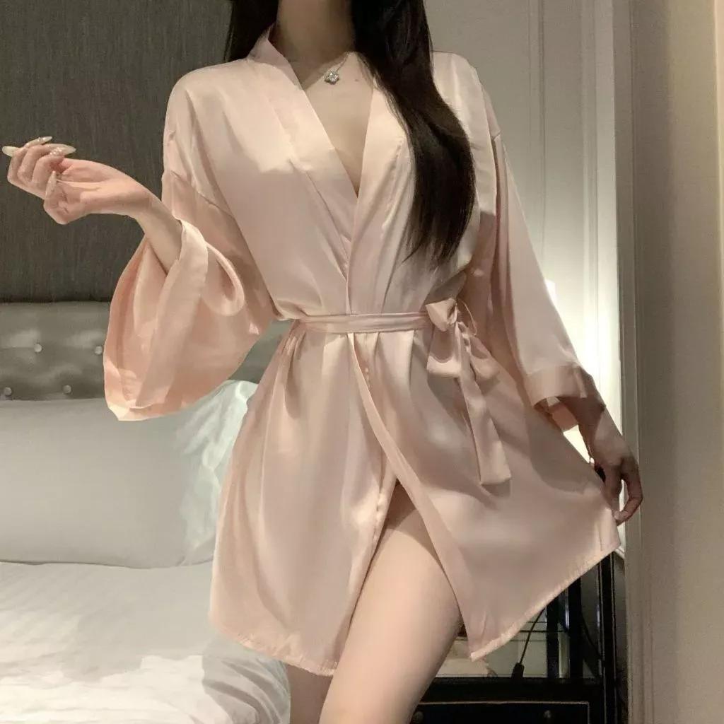 Áo choàng ngủ lụa tay dài cao cấp đen trắng đỏ sang trọng áo khoác ngoài nữ kèm dây cột sexy gợi cảm N191