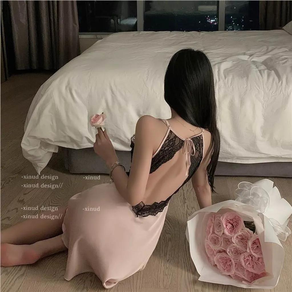 Váy ngủ sexy phối ren hở lưng dáng suông siêu xinh gợi cảm đầm ngủ lụa mặc nhà xẻ V1 quyến rũ tinh tế N282