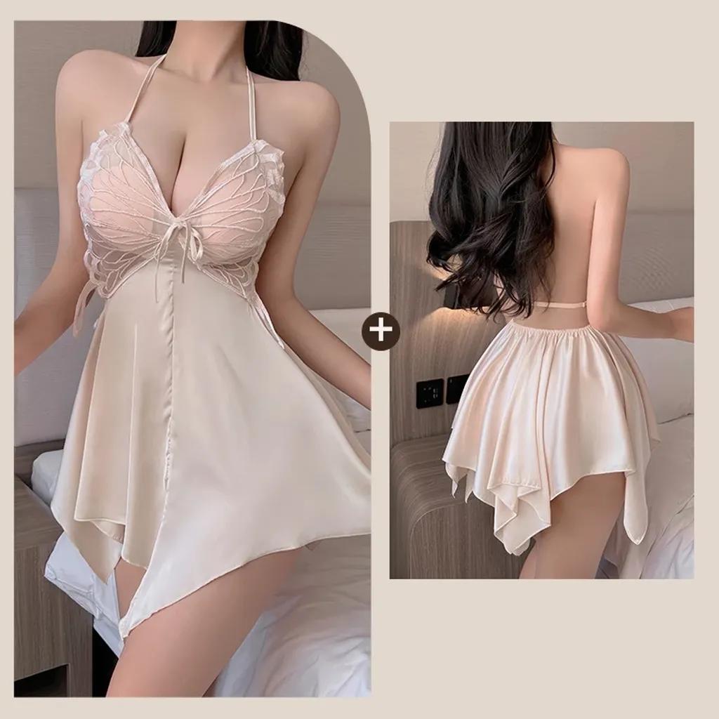 Váy ngủ sexy cánh bướm kèm đệm lót gợi cảm sang chảnh đầm mặc nhà lụa xòe tôn dáng quyển rũ  N134