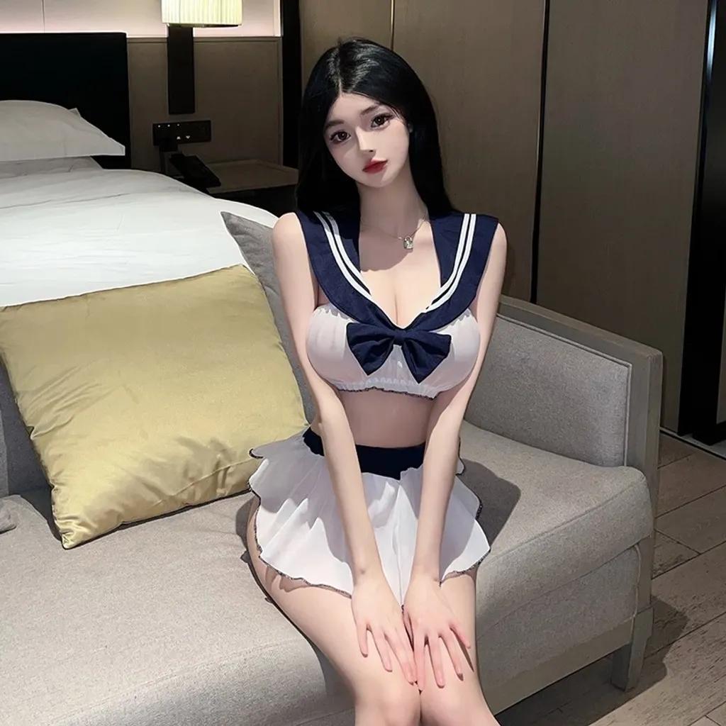 Cosplay thủy thủ xuyên thấu đính nơ siêu xinh gợi cảm set ngủ voan nữ học sinh 2 mảnh dễ thương quyến rũ N326