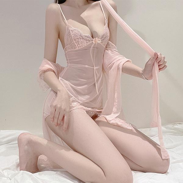 Áo choàng ngủ sexy dài tay kèm váy ren xuyên thấu gợi cảm set ngủ nữ mặc nhà tặng chip lọt khe quyến rũ  N115