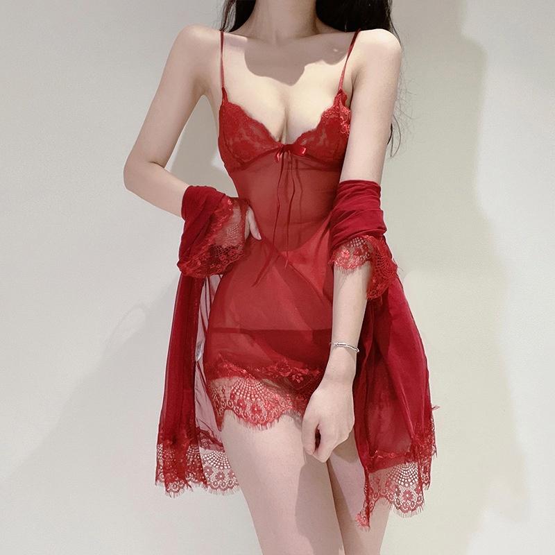 Áo choàng ngủ sexy dài tay kèm váy ren xuyên thấu gợi cảm set ngủ nữ mặc nhà tặng chip lọt khe quyến rũ  N115