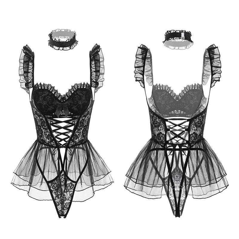 Váy ngủ xòe hở lưng ren xuyên thấu đen gợi cảm dễ thương bodysuit áo 2 dây liền quần xẻ đáy quyến rũ  N168