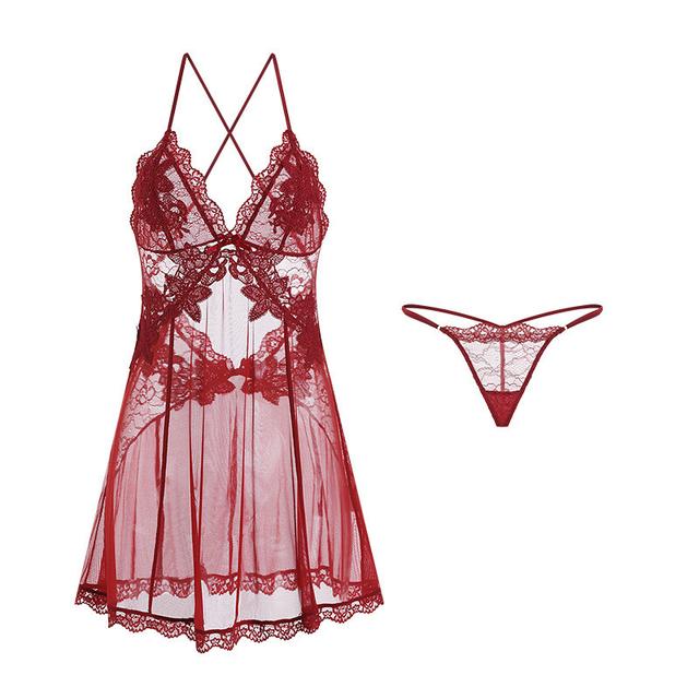 Váy ngủ nữ sexy voan xuyên thấu phối ren gợi cảm tinh tế đầm 2 dây hở lưng kèm quần lọt khe quyến rũ  N188