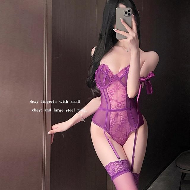 Bodysuit ren cúp ngực kèm đai garter nịt tất đen tím gợi cảm đồ lót liền thân ôm body tôn dáng quyến rũ  N812