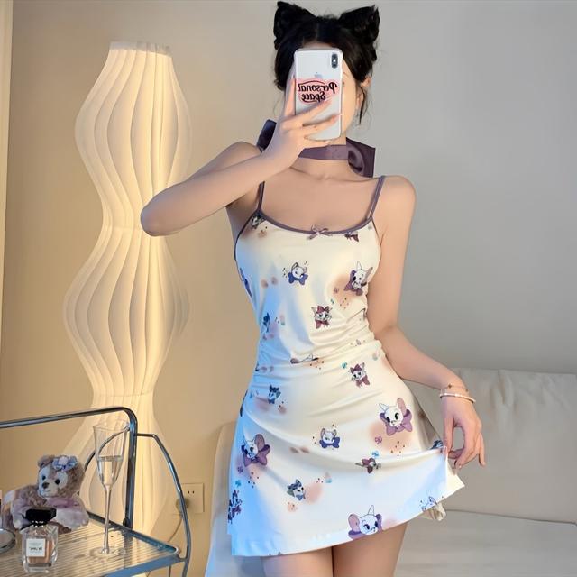 Váy ngủ 2 dây có mút ngực hoạ tiết mèo TOM dễ thương gợi cảm đầm mặc nhà cotton tặng chip sexy quyến rũ  N227