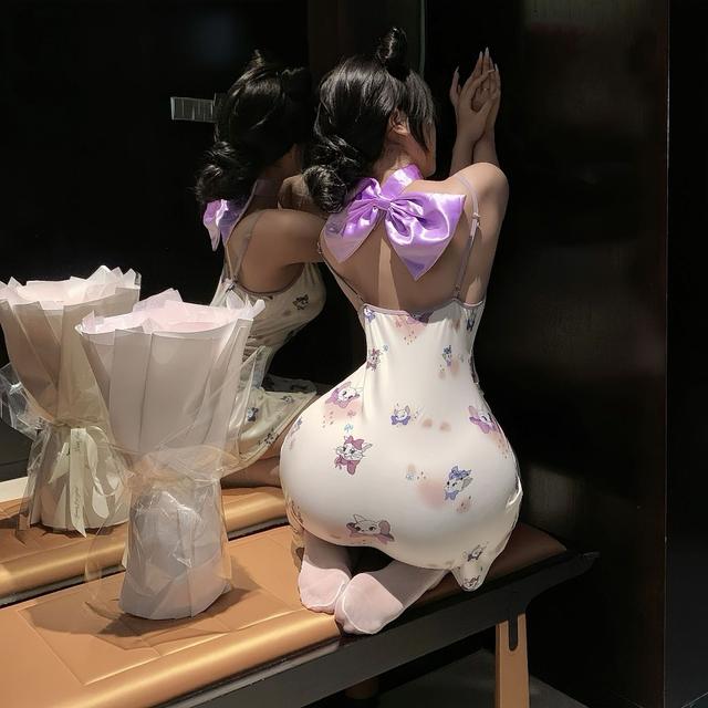 Váy ngủ 2 dây có mút ngực hoạ tiết mèo TOM dễ thương gợi cảm đầm mặc nhà cotton tặng chip sexy quyến rũ  N227