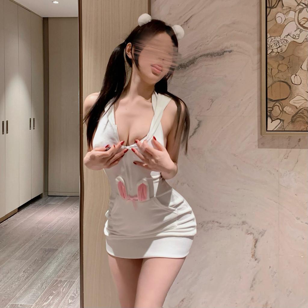 Váy body cosplay thỏ trắng có khoá kéo cực xinh đáng yêu áo hoodie bunny hở lưng quyến rũ gợi cảm  N838  HCM