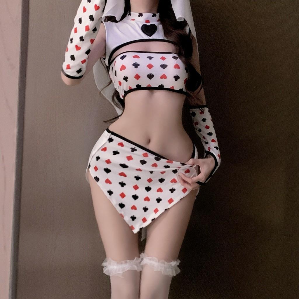 Đồ cosplay hầu gái hoạ tiết poker trái tim dễ thương gợi cảm set ngủ maid nữ tu kèm phụ kiện đáng yêu  N598