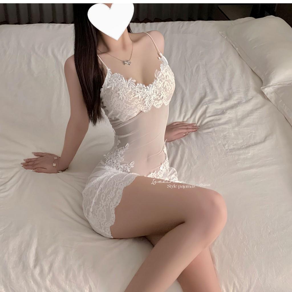 Váy ngủ ren hoa xuyên thấu đen trắng quyến rũ ngọt ngào đầm 2 dây ôm body đi biển cực chất gợi cảm  N265  HCM