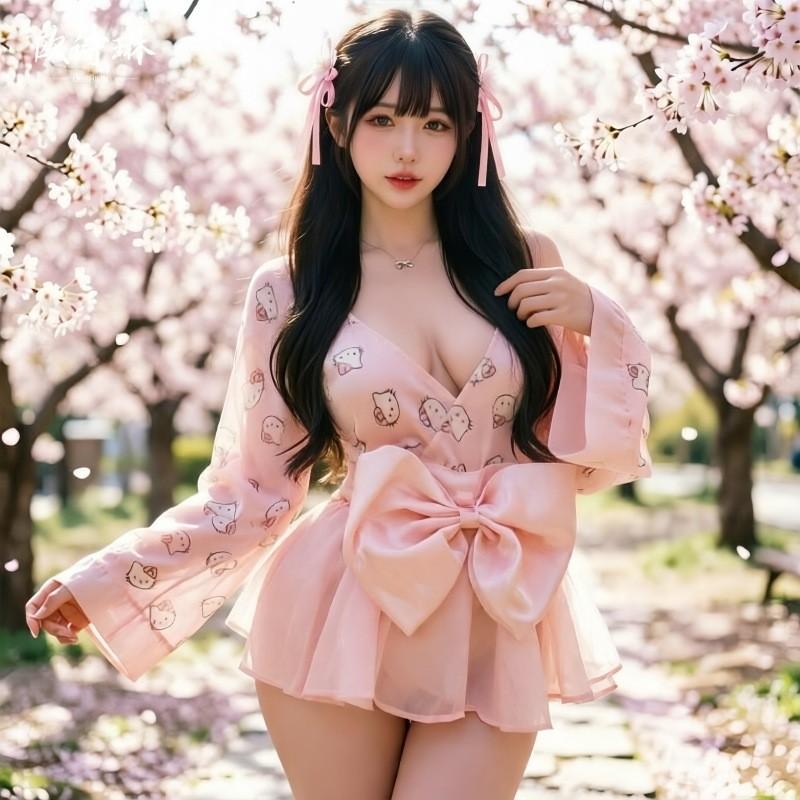 Đồ ngủ kimono Nhật Bản dài tay phối nơ xinh yêu gợi cảm set hầu gái hoạ tiết mèo hello kitty dễ thương  N347
