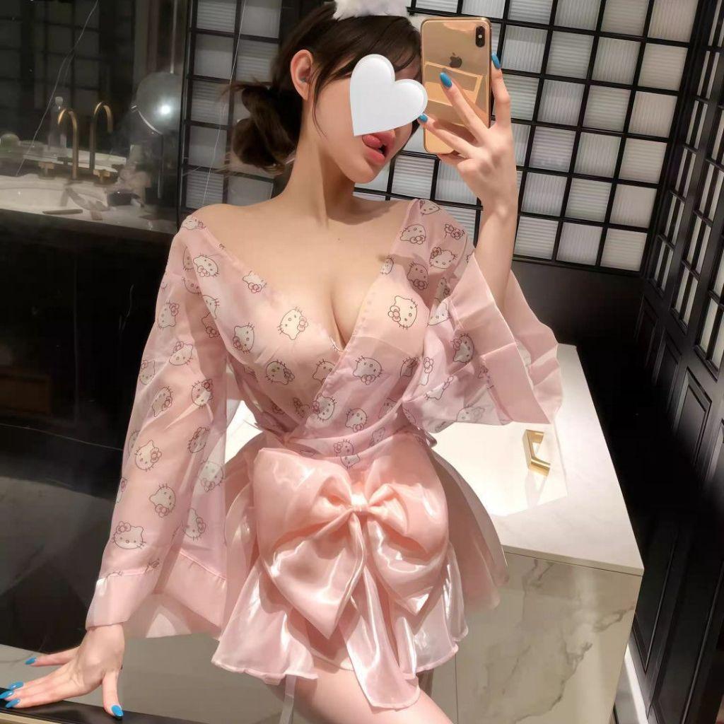 Đồ ngủ kimono Nhật Bản dài tay phối nơ xinh yêu gợi cảm set hầu gái hoạ tiết mèo hello kitty dễ thương  N347
