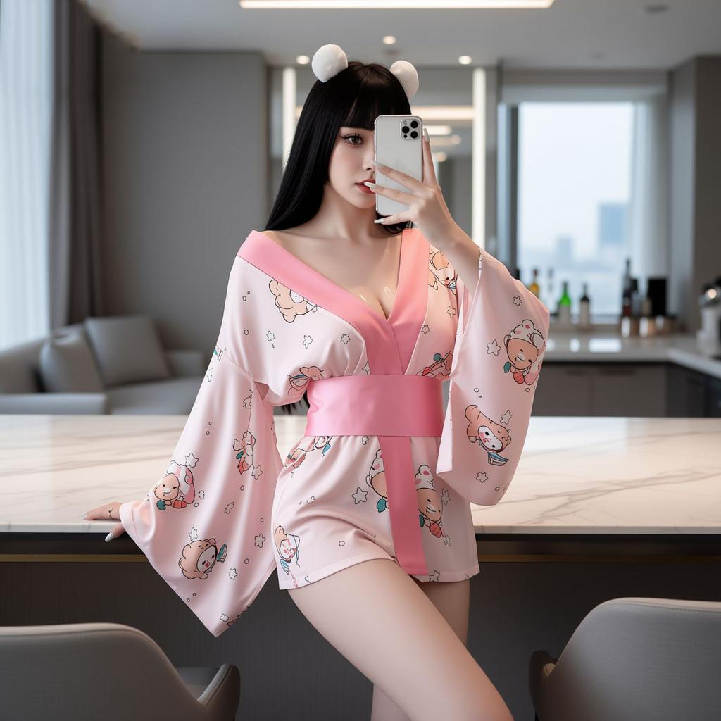 Đồ ngủ kimono Nhật Bản in hoạ tiết động vật anime xinh yêu dễ thường áo choàng ngủ sexy xẻ V1 gợi cảm  N740
