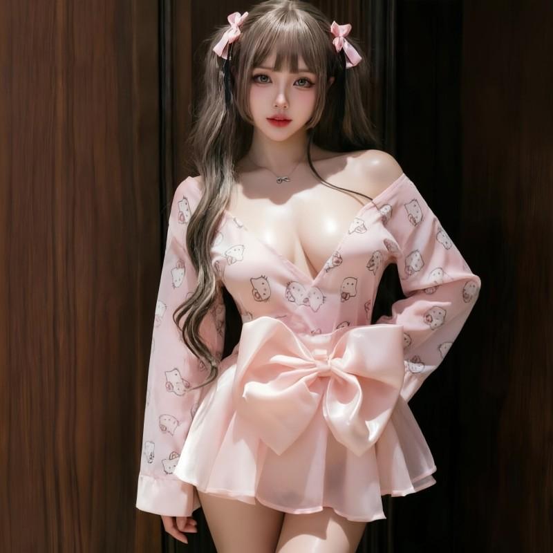 Đồ ngủ kimono Nhật Bản dài tay phối nơ xinh yêu gợi cảm set hầu gái hoạ tiết mèo hello kitty dễ thương  N347
