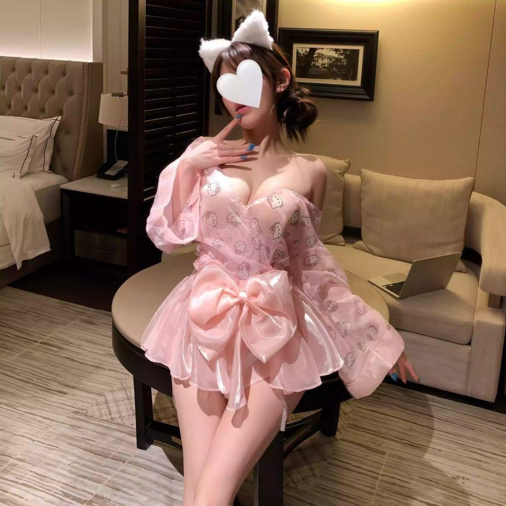 Đồ ngủ kimono Nhật Bản dài tay phối nơ xinh yêu gợi cảm set hầu gái hoạ tiết mèo hello kitty dễ thương  N347