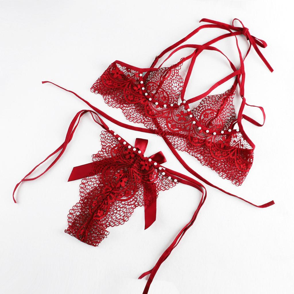 Đồ lót nữ ren xuyên thấu đính hạt đáng yêu quyến rũ set nội y lingerie cột dây đen đỏ gợi cảm ngọt ngào  T368