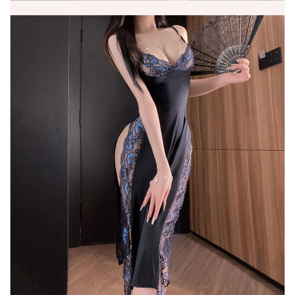 Đầm ngủ dài phối ren hoa xẻ tà quyến rũ sang trọng váy sườn xám ôm body xẻ v1 tôn dáng gợi cảm  N244
