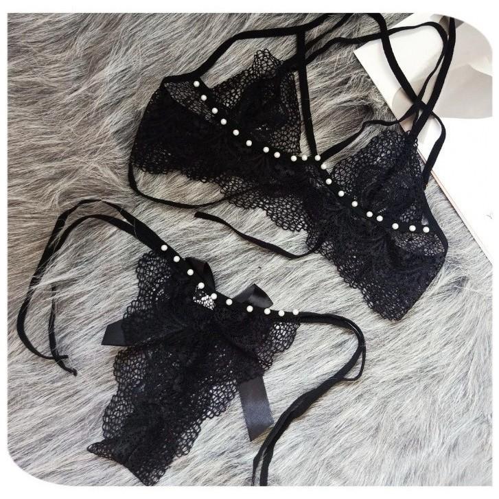 Đồ lót nữ ren xuyên thấu đính hạt đáng yêu quyến rũ set nội y lingerie cột dây đen đỏ gợi cảm ngọt ngào  T368
