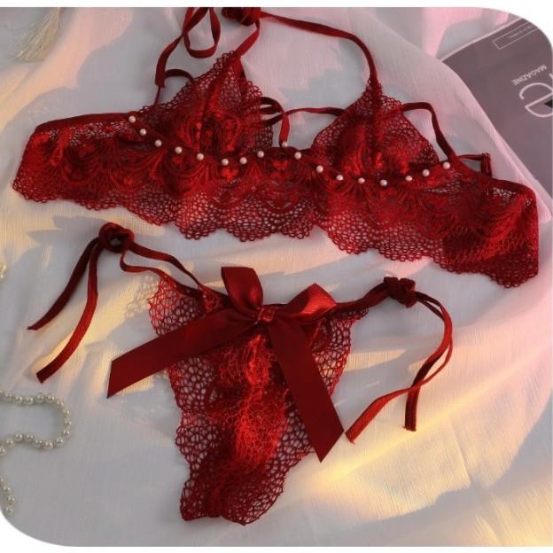 Đồ lót nữ ren xuyên thấu đính hạt đáng yêu quyến rũ set nội y lingerie cột dây đen đỏ gợi cảm ngọt ngào  T368