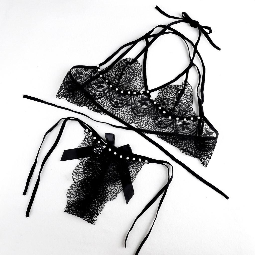 Đồ lót nữ ren xuyên thấu đính hạt đáng yêu quyến rũ set nội y lingerie cột dây đen đỏ gợi cảm ngọt ngào  T368