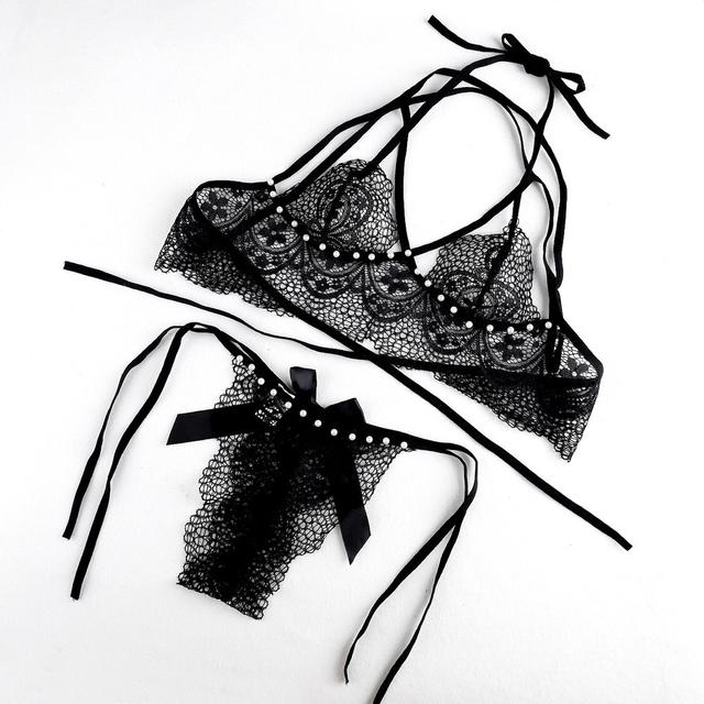 Đồ lót nữ ren xuyên thấu đính hạt đáng yêu quyến rũ set nội y lingerie cột dây đen đỏ gợi cảm ngọt ngào  T368