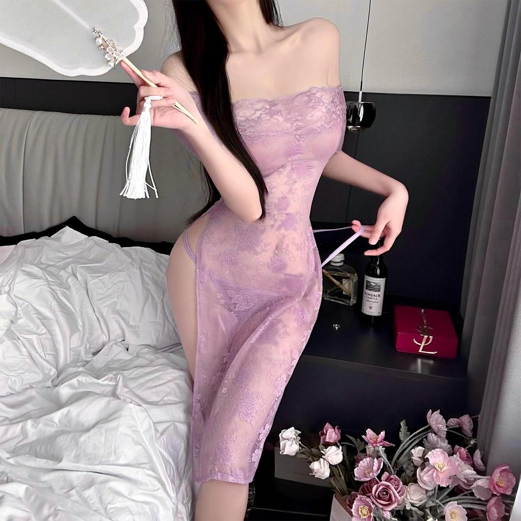 Đầm ngủ dài ren hoa trễ vai quyến rũ thanh lịch váy sườn xám xẻ tà đùi kèm chip gợi cảm đáng yêu  N122  HCM