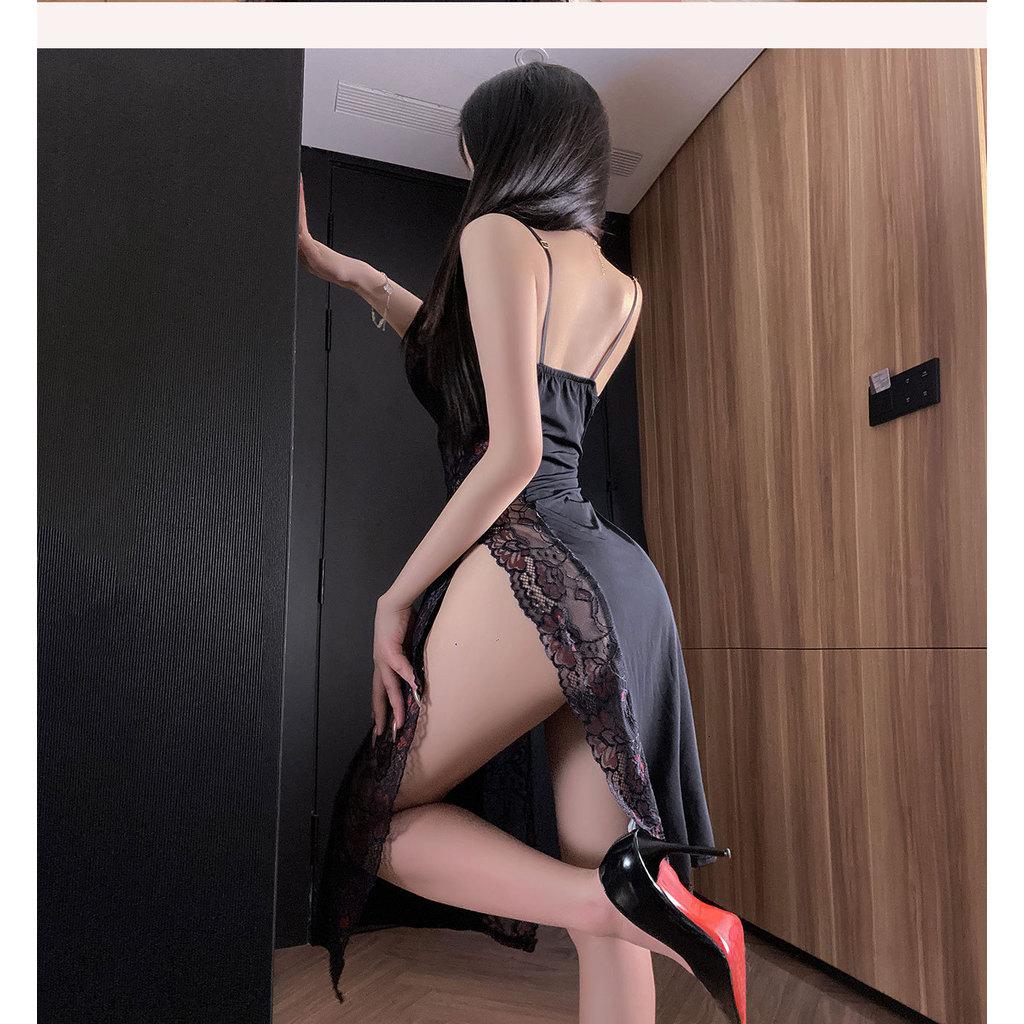 Đầm ngủ dài phối ren hoa xẻ tà quyến rũ sang trọng váy sườn xám ôm body xẻ v1 tôn dáng gợi cảm  N244