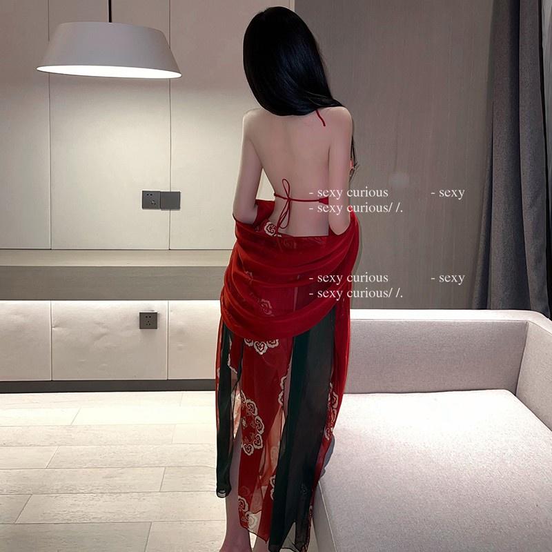 Đồ cosplay cổ trang Trung Hoa họa tiết hoa cao cấp set Hán phục áo yếm kèm khăn choàng tặng chip lọt khe gợi cảm N794