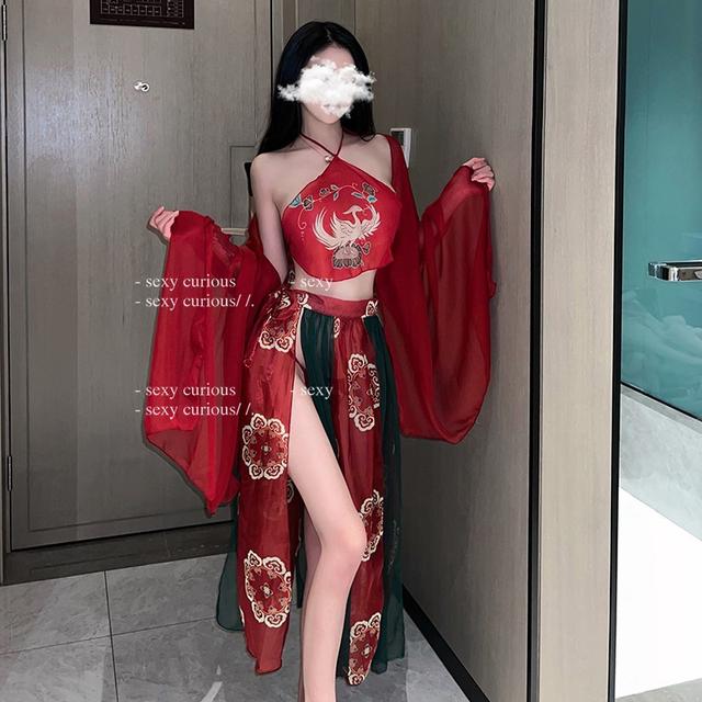 Đồ cosplay cổ trang Trung Hoa họa tiết hoa cao cấp set Hán phục áo yếm kèm khăn choàng tặng chip lọt khe gợi cảm N794