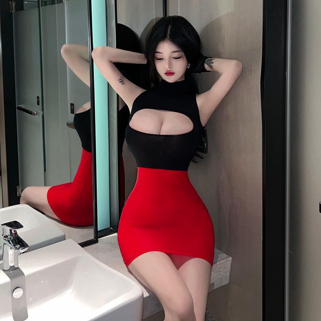 Váy ngủ ôm body tôn dáng hở ngực sexy quyến rũ đầm thư ký nữ công sở cổ lọ kèm quần lọt khe gợi cảm  N720