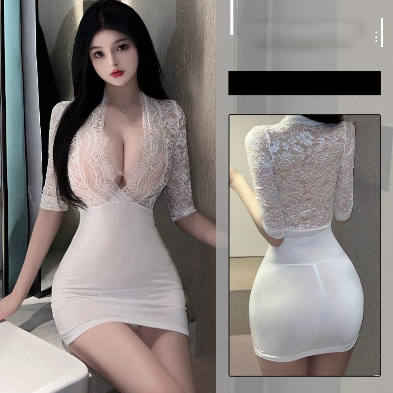CÓ BIG SIZE / Cosplay thư ký xẻ ngực ren hoa xuyên thấu sexy gợi cảm váy ngủ nữ ôm body dài tay quyến rũ  N718