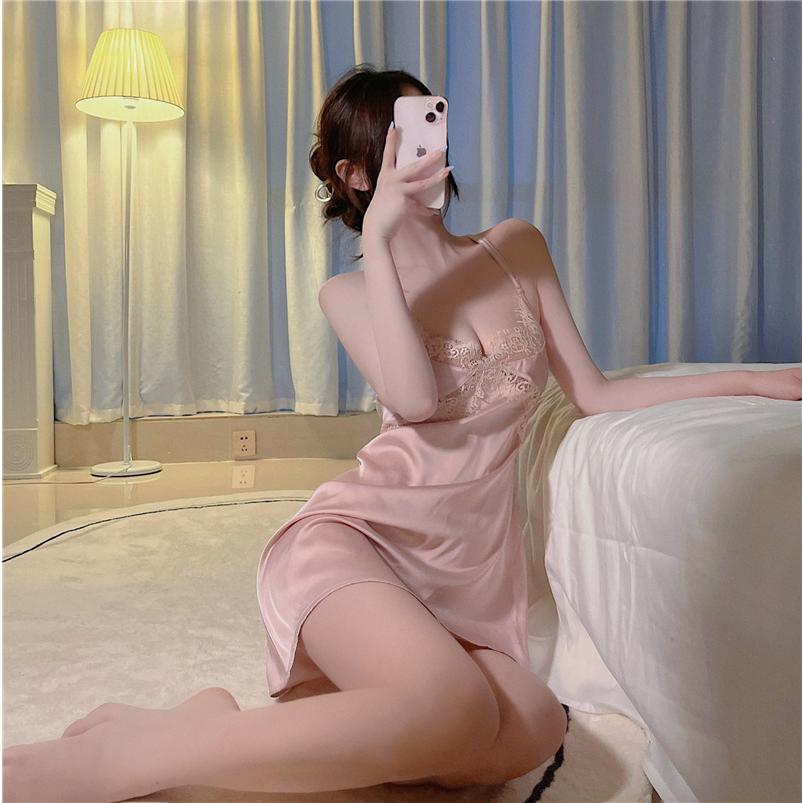 Váy ngủ lụa phối ren ngực gợi cảm bonita đầm hot girl mặc nhà cột dây lưng sexy tặng chip quyến rũ  N186  HCM
