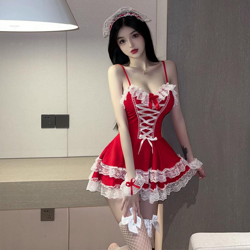 Trang phục giáng sinh valentine dễ thương cao cấp set đồ cô hầu gái anime đỏ phối ren sexy gợi cảm  N377  HCM